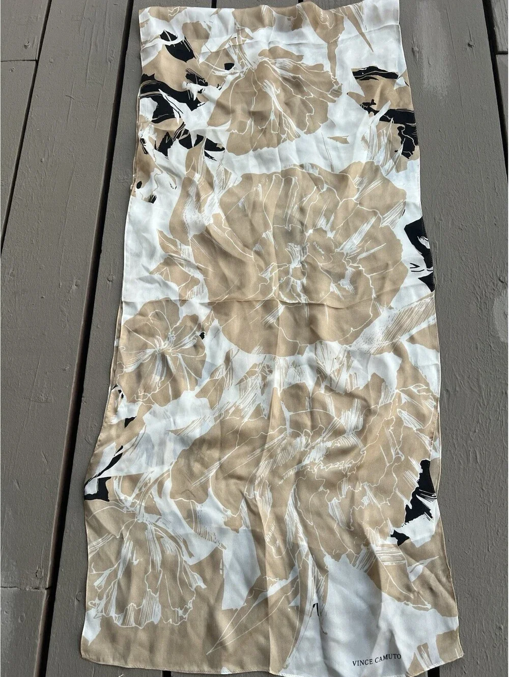 Vince Camuto Silk Rectangle/Oblong Scarf, Large Floral Cream Black 70”X17”
